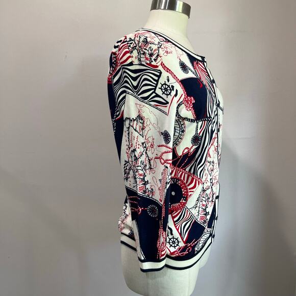 Talbots Printed Sea Map Cardigan Sweater Button Front Long Sleeve Career Sz M - Picture 3 of 8